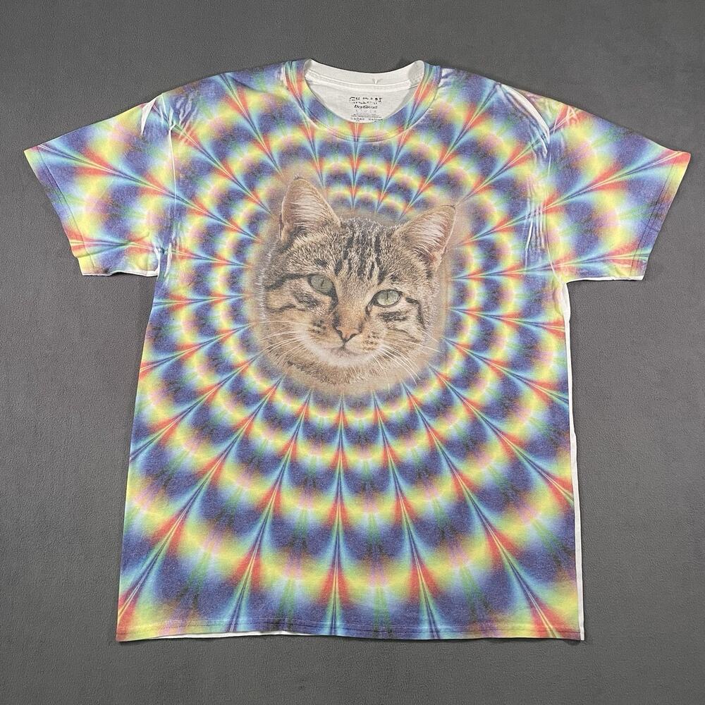 Gildan Womens Multicolor T-Shirt Rainbow Cat Short Sleeve Crew Neck Size Large